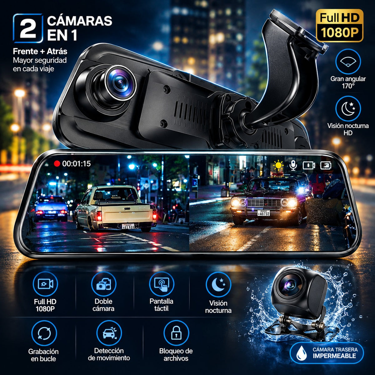 🚗 Retrovisor con Cámara 1080P — Más Visibilidad, Más Seguridad